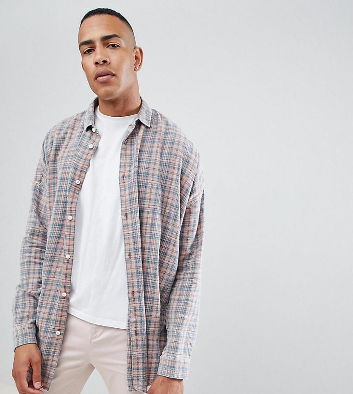 Asos Design Tall Oversized Drop Shoulder Check Shirt Longline - Pink