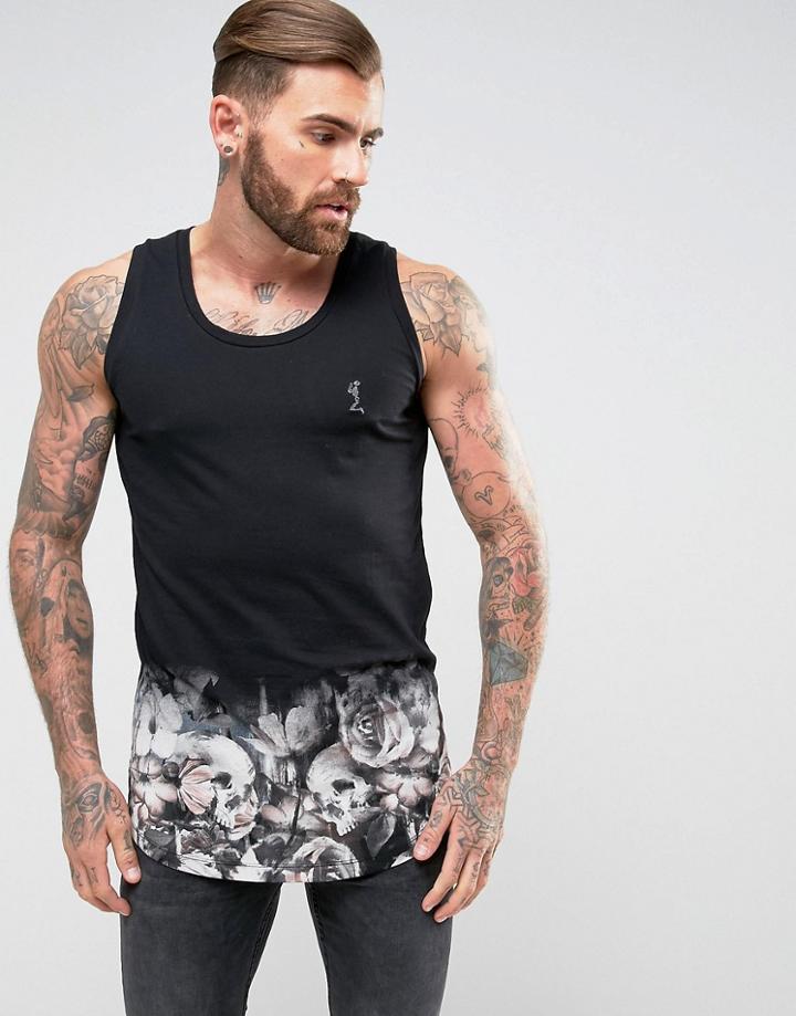 Religion Tank With Floral Skull Dip Dye Printed Hem - Black