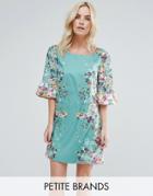 Yumi Petite Swing Dress In Border Print With Frill Sleeves - Green