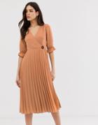 Asos Design Pleated Wrap Midi Dress In Self Stripe With Coconut Button - Pink