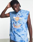 Asos Design Oversized Tank Top In Blue Tie Dye With Cartoon Print-blues
