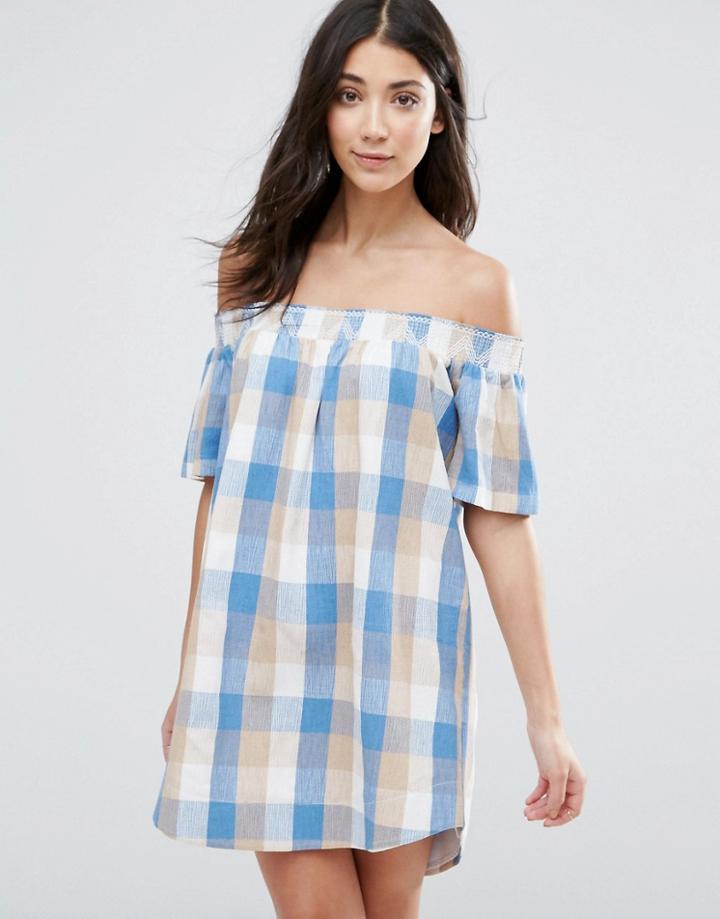 The English Factory Plaid Off Shoulder Dress - Blue