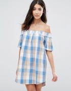 The English Factory Plaid Off Shoulder Dress - Blue