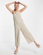 Topshop Lightweight Wide Leg Jumpsuit With Pockets In Oatmeal-white