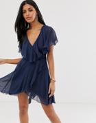 Asos Design Cape Back Dipped Hem Mini Dress-blue