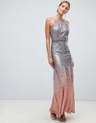 Little Mistress High Neck Allover Ombre Sequin Maxi Dress In Rose Multi