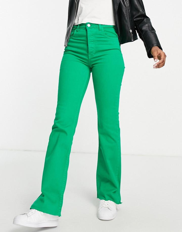 Stradivarius Slim Flare Jean With Split Detail In Green