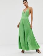 Asos Edition Plunge Cami Wide Leg Jumpsuit In Satin - Green