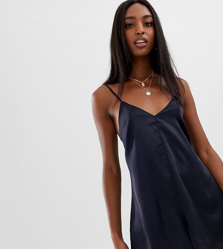 Asos Design Tall Satin Strappy Romper - Navy