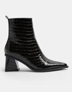 Topshop Flared Heel Boots In Black Croc