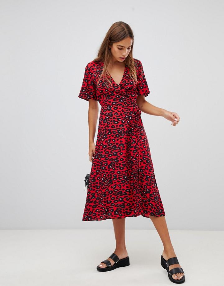 New Look Animal Print Midi Wrap Dress - Red