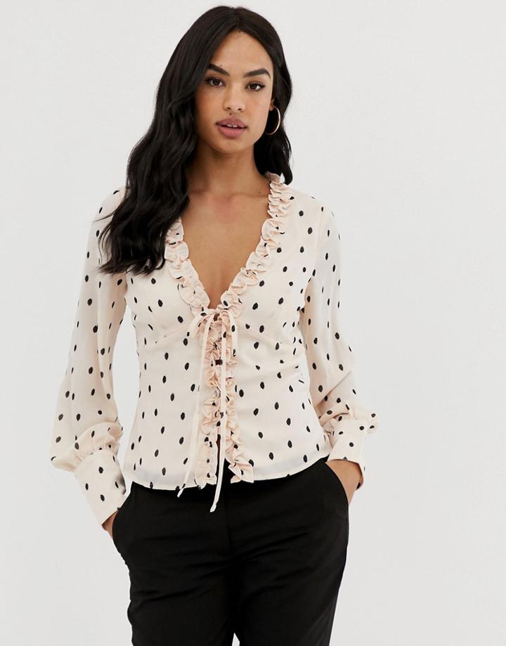 Fashion Union Tie Front Blouse In Polka - Beige