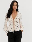Fashion Union Tie Front Blouse In Polka - Beige