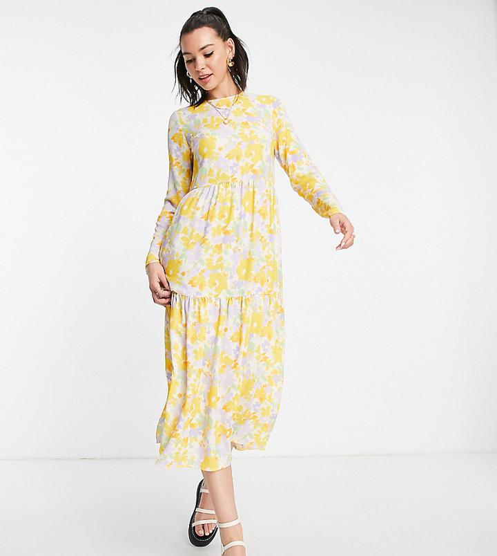 Asos Design Tall Long Sleeve Tiered Smock Midi Dress In White Base Bright Floral Print-multi