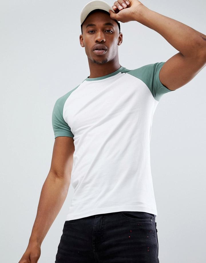 Asos Design Muscle Fit T-shirt With Contrast Raglan In White - White