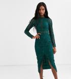 Asos Design Tall Long Sleeve Pencil Dress In Lace With Geo Lace Trims-green