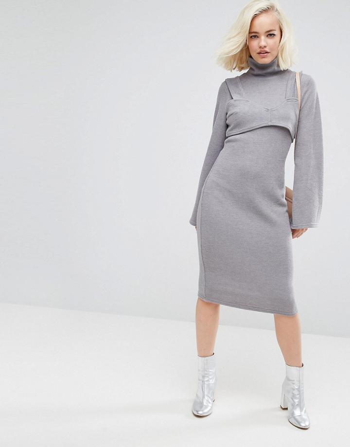 Lost Ink Bodycon Dress In High Neck With Bralette - Gray