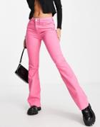 River Island Raw Hem Mid Rise Flared Jeans In Bright Pink