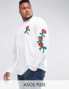 Asos Plus Oversized Long Sleeve T-shirt With Rose Sleeve And Chest Print - White
