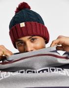 Farah Logo Cable Knit Bobble Hat In Navy