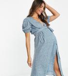 Influence Maternity Wrap Front Midi Dress In Blue Micro Floral-blues