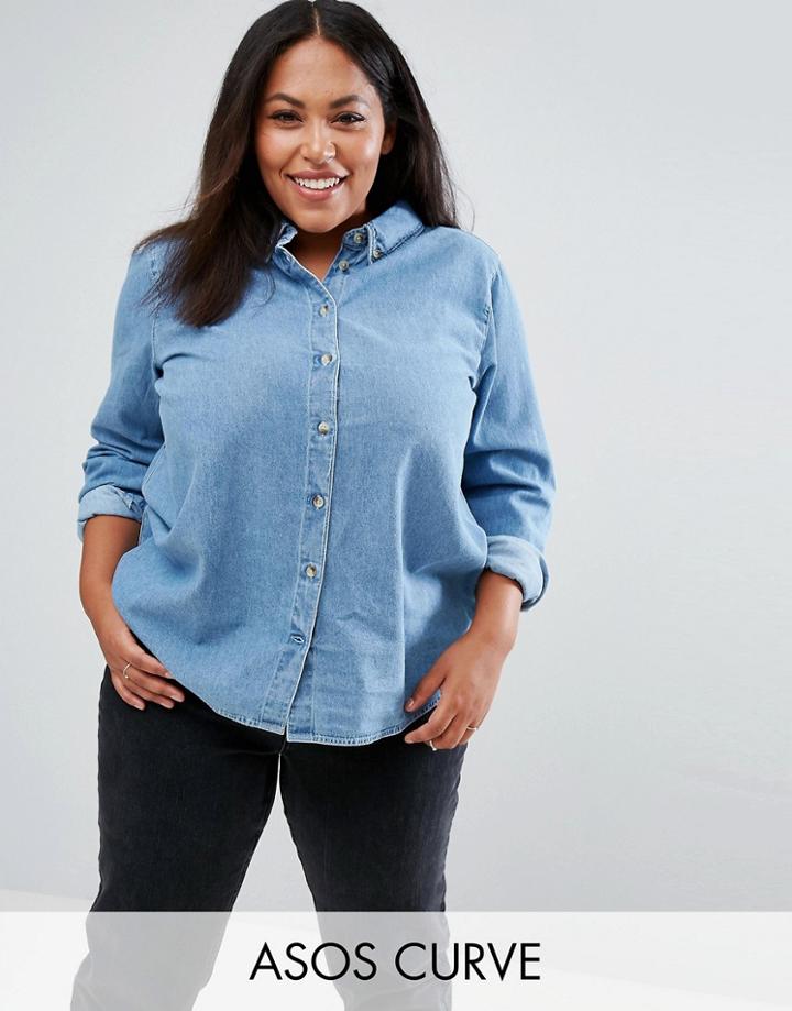 Asos Curve Denim Shirt In Mid Wash Blue - Blue