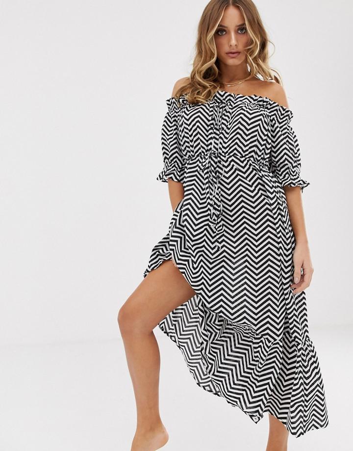 Asos Design Off Shoulder Tiered Maxi Beach Dress In Mono Chevron Print-multi