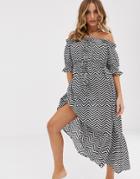 Asos Design Off Shoulder Tiered Maxi Beach Dress In Mono Chevron Print-multi