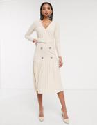 Asos Design Double Breasted Pleated Midi Dress-cream