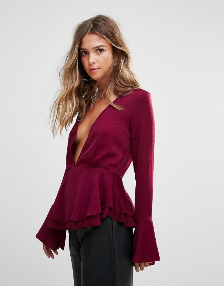 Influence Peplum Hem Flare Sleeve Top - Red