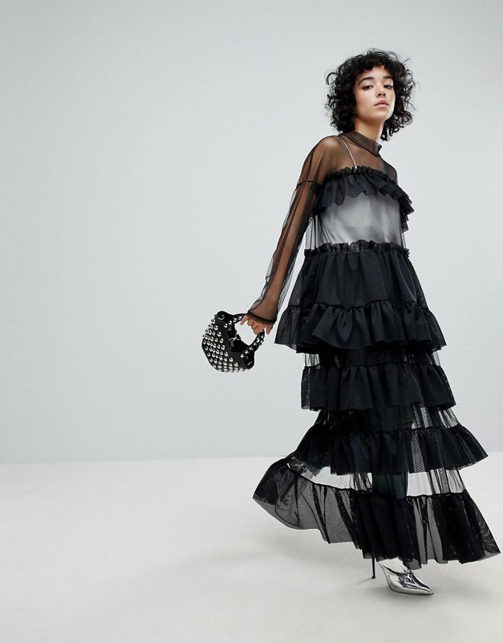 The Ragged Priest Black Label Tiered Mesh Dress With Thigh Split - Black