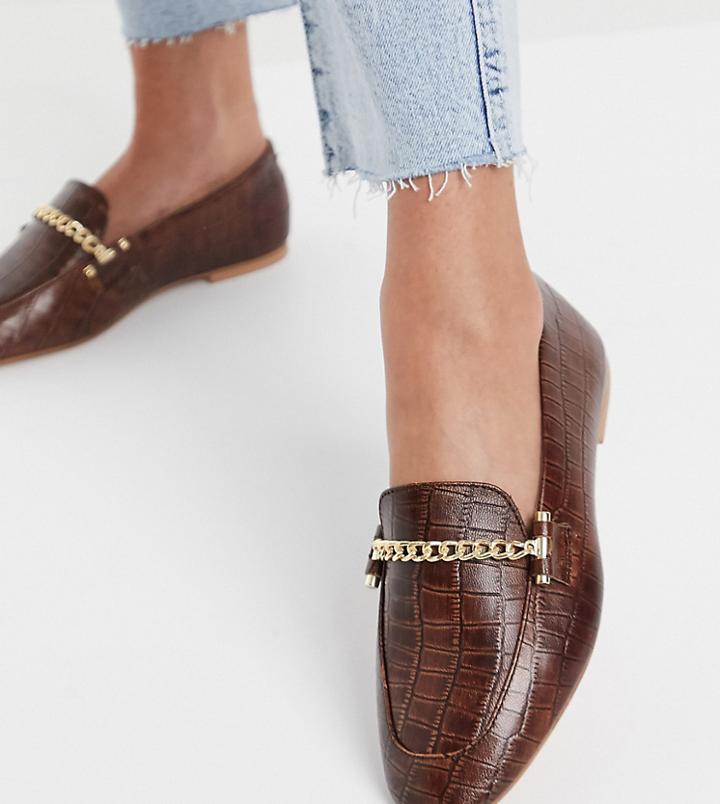 Asos Design Wide Fit Minute Leather Chain Loafers In Brown Croc