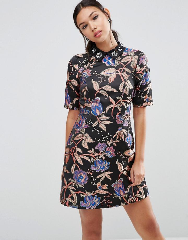 Asos Embellished Collar Jacquard Mini Dress - Multi
