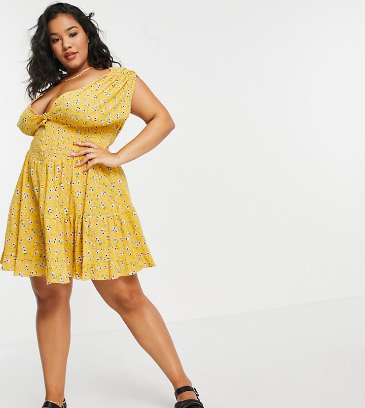 Asos Design Curve Shirred Waist Button Front Tiered Mini Sundress In Yellow Floral Print-multi