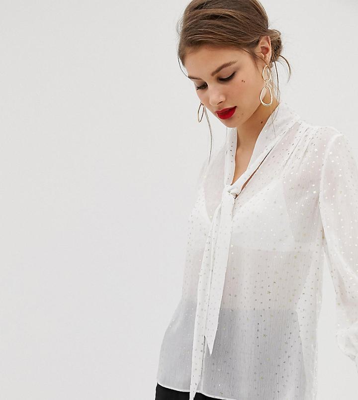 Warehouse Blouse With Pussy Bow Tie In Gold Stars Print - Cream