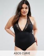 Asos Curve Scuba Leopard Mesh Insert Supportive Swimsuit - Black