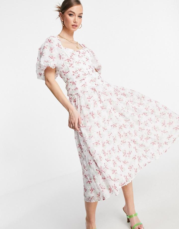 Asos Design Broderie Cupped Midi Skater Dress In Floral Print-multi