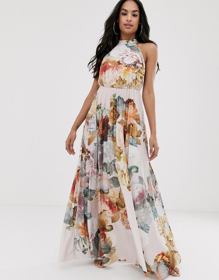 Asos Design Halter Pleated Waisted Maxi Dress In Floral Print-multi