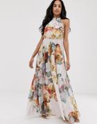 Asos Design Halter Pleated Waisted Maxi Dress In Floral Print-multi