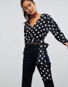 Asos Wrap Crop Blouse With Exaggerated Sleeve In Spot - Multi