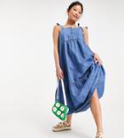 Asos Design Petite Soft Denim Tiered Midi Dress In Midwash-blues