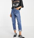 Topshop Petite Mom Recycled Cotton Blend Jeans In Mid Blue-blues