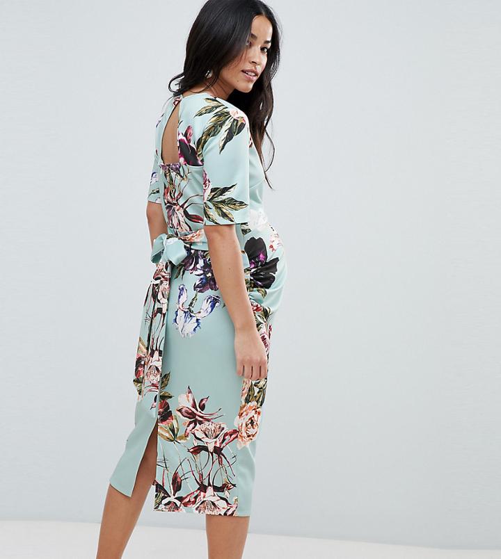 True Violet Maternity Bow Back Midi Bodycon Dress In Floral Print - Multi