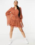 Missguided Tie Waist Dress With Flutter Sleeve In Rust-orange