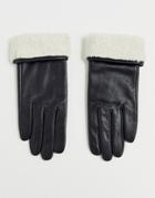 Asos Design Leather Gloves With Touch Screen And Borg Trim In Black - Black