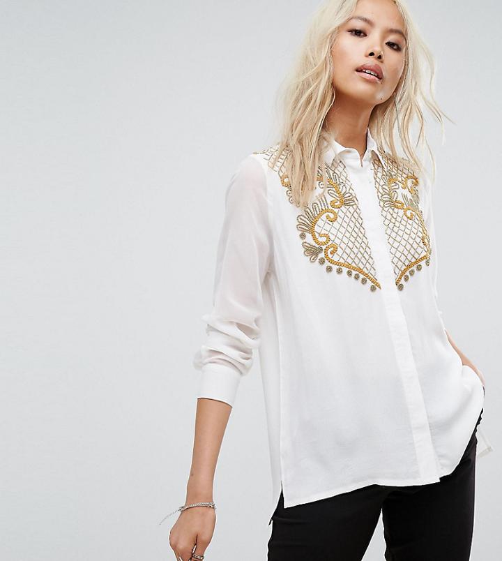 Religion Sheer Western Shirt With Beaded Embellishment - White