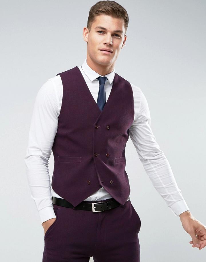 Asos Wedding Skinny Suit Vest In Cross Hatch With Printed Lining - Red