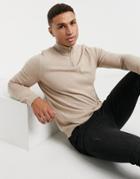 Topman Knitted Half Zip Turtle Neck Sweater In Stone-neutral