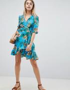 Boohoo Tropical Print Wrap Dress - Blue