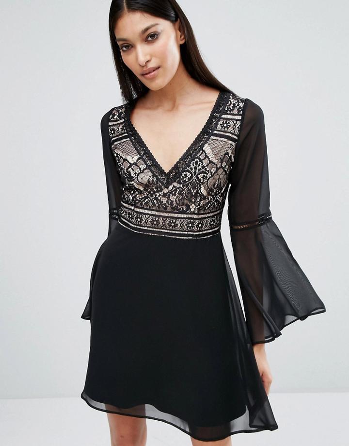 Lipsy Contrast Lace Bell Sleeve Skater Dress - Black